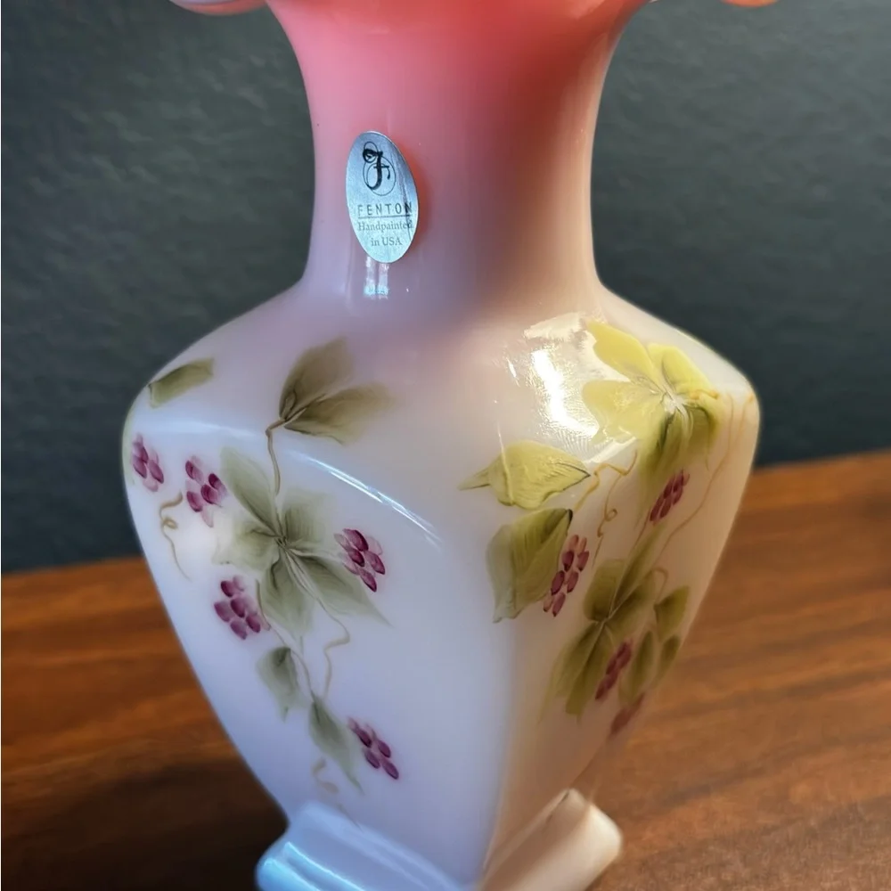 Fenton Rosalene Handpainted Glass Vase